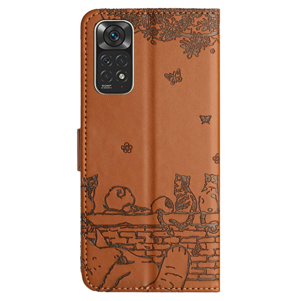 For Xiaomi Redmi Note 11 Global Cat Embossing Pattern Leather Phone Case with Lanyard(Brown)