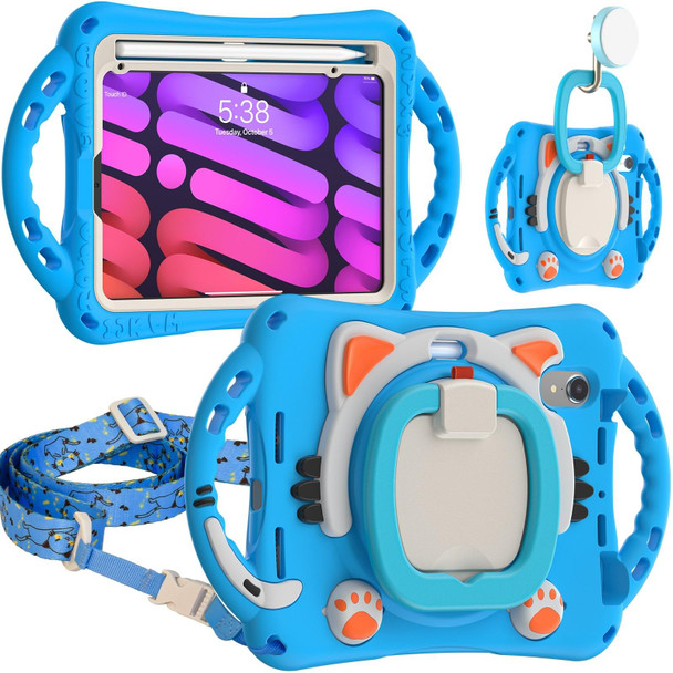 Cute Cat King Kids Shockproof EVA Protective Case with Holder & Shoulder Strap & Handle - iPad mini 6(Light Blue)