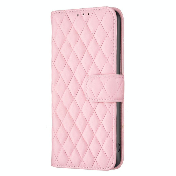 For iPhone 15 Diamond Lattice Wallet Flip Leatherette Phone Case(Pink)