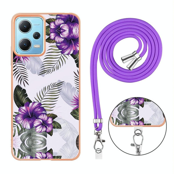 For Xiaomi Redmi Note 12 5G Global/Note 12 5G China Electroplating IMD TPU Phone Case with Lanyard(Purple Flower)