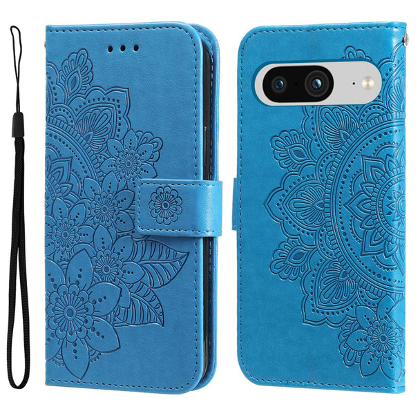 For Google Pixel 8 7-petal Flowers Embossing Leatherette Phone Case(Blue)