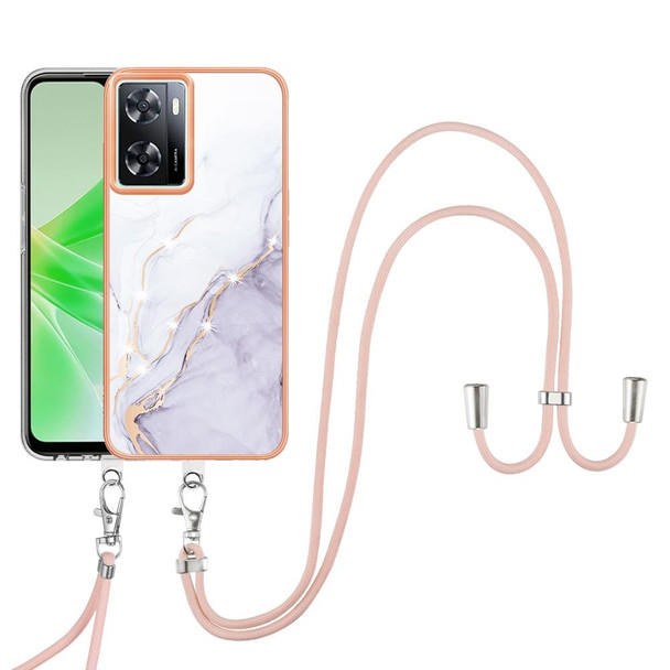 For OPPO A57 4G/A77 5G Taiwan/K10 5G Global Electroplating Marble Dual-side IMD Phone Case with Lanyard(White 006)