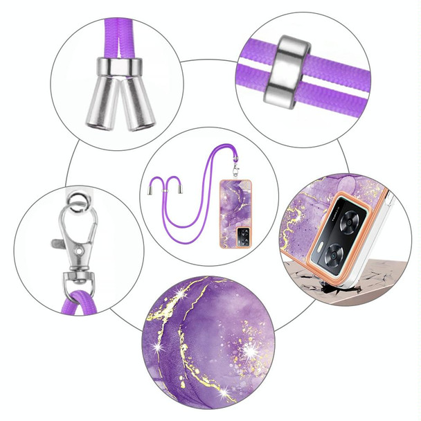 For OPPO A57 4G/A77 5G Taiwan/K10 5G Global Electroplating Marble Dual-side IMD Phone Case with Lanyard(Purple 002)