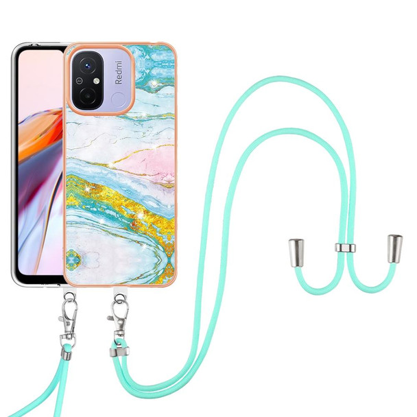 For Xiaomi Redmi 12C/11A 4G Global Electroplating Marble Dual-side IMD Phone Case with Lanyard(Green 004)