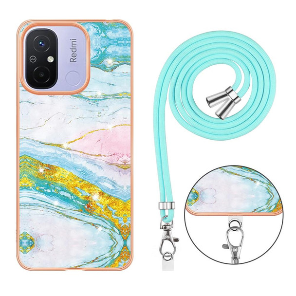 For Xiaomi Redmi 12C/11A 4G Global Electroplating Marble Dual-side IMD Phone Case with Lanyard(Green 004)