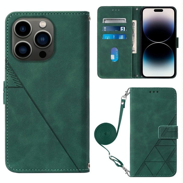 For iPhone 15 Pro Crossbody 3D Embossed Flip Leatherette Phone Case(Dark Green)