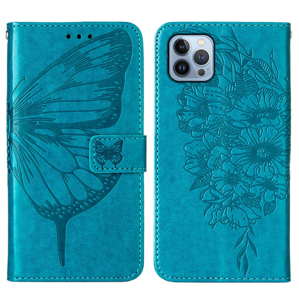 For iPhone 15 Pro Max Embossed Butterfly Leatherette Phone Case(Blue)