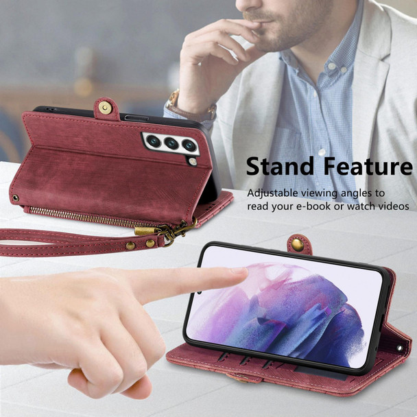 For Samsung Galaxy S22 Ultra 5G Geometric Zipper Wallet Side Buckle Leatherette Phone Case(Red)