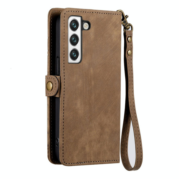 For Samsung Galaxy S22 Ultra 5G Geometric Zipper Wallet Side Buckle Leatherette Phone Case(Brown)
