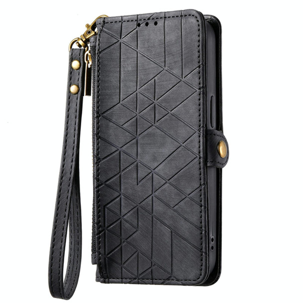 For Samsung Galaxy S22 Ultra 5G Geometric Zipper Wallet Side Buckle Leatherette Phone Case(Black)