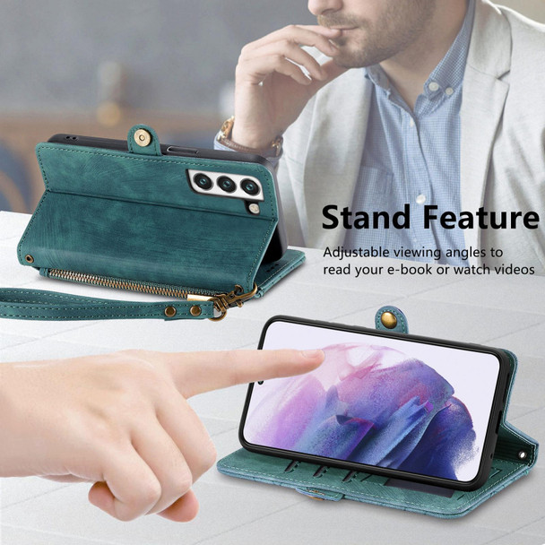For Samsung Galaxy S21+ 5G Geometric Zipper Wallet Side Buckle Leatherette Phone Case(Green)