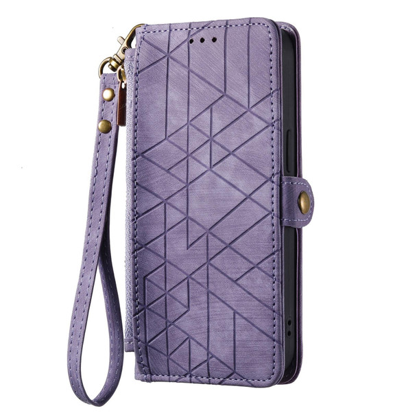 For Samsung Galaxy S22 5G Geometric Zipper Wallet Side Buckle Leatherette Phone Case(Purple)