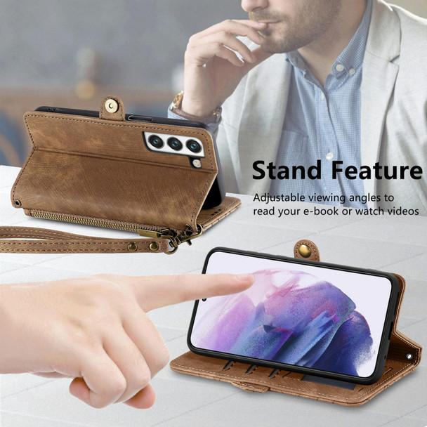 For Samsung Galaxy S22+ 5G Geometric Zipper Wallet Side Buckle Leatherette Phone Case(Brown)