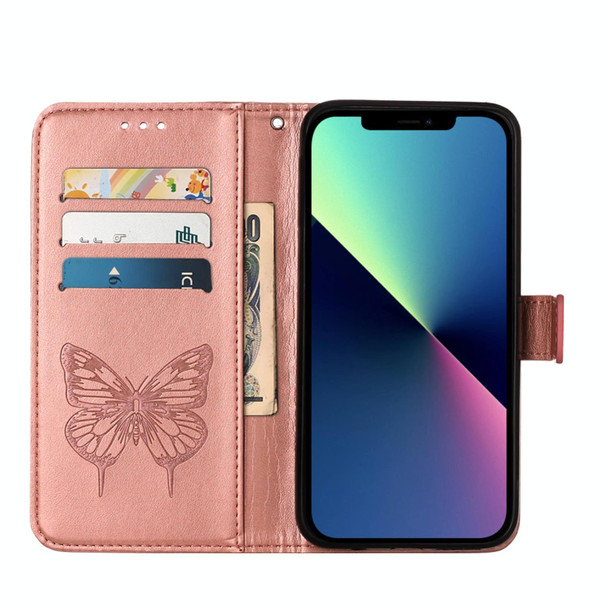 For iPhone 15 Plus Embossed Butterfly Leatherette Phone Case(Rose Gold)