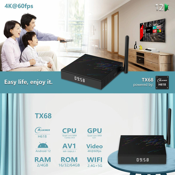 H618-TX68 Android 12.0 Allwinner H618 Quad Core Smart TV Box, Memory:2GB+16GB(EU Plug)