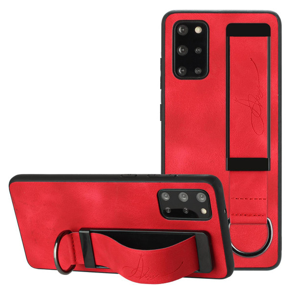 For Samsung Galaxy S20 FE Wristband Holder Leatherette Back Phone Case(Red)