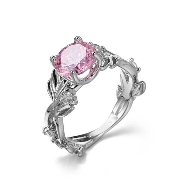 Crystal Vine Leaf Design Engagement Ring Fashion For Women Jewelry, Ring Size:8(Pink)