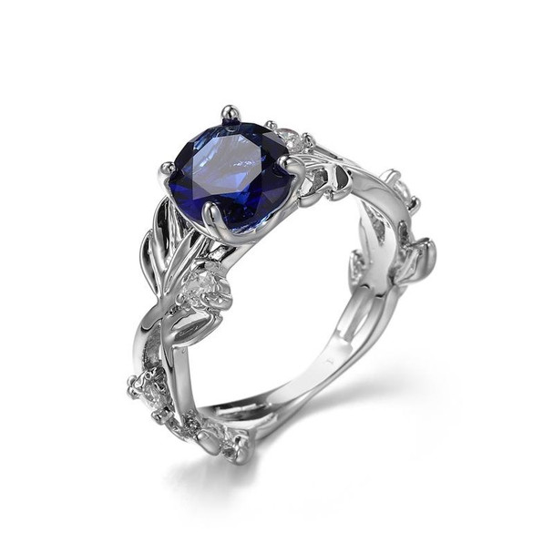 Crystal Vine Leaf Design Engagement Ring Fashion For Women Jewelry, Ring Size:7(Blue)