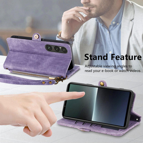 For Sony Xperia 10 III Geometric Zipper Wallet Side Buckle Leatherette Phone Case(Purple)