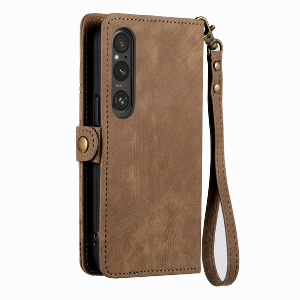 For Sony Xperia 5 III Geometric Zipper Wallet Side Buckle Leatherette Phone Case(Brown)