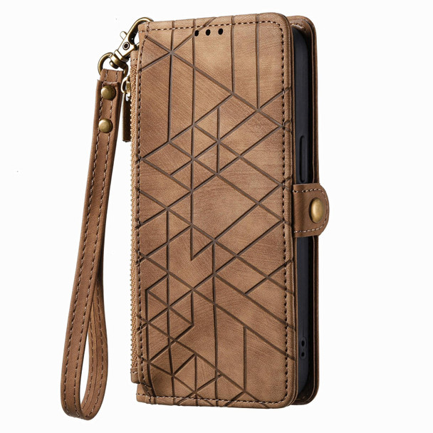 For Sony Xperia 1 IV Geometric Zipper Wallet Side Buckle Leatherette Phone Case(Brown)