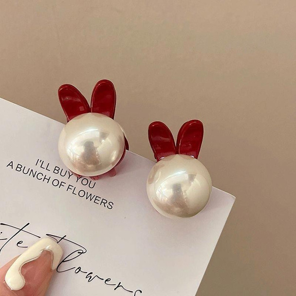 2pcs Mini Pearl Hair Clip Side Princess Hair Clip Cute Rabbit Ears Small Grip(Red White)