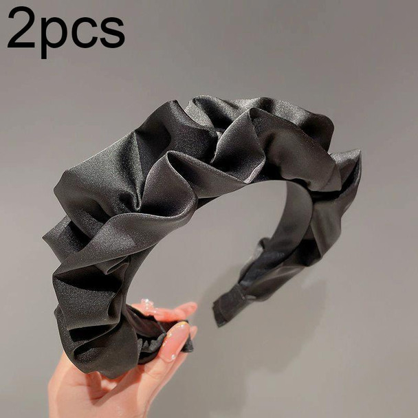 2pcs Elegant Wide-brimmed Pleated Hoops Satin Fabric Versatile Headband(Black)