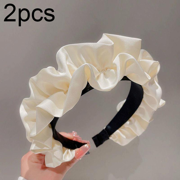 2pcs Elegant Wide-brimmed Pleated Hoops Satin Fabric Versatile Headband(Beige)