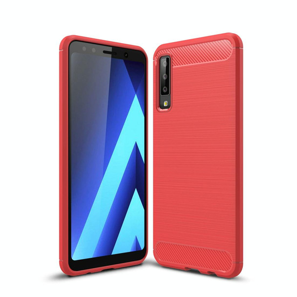 For Galaxy A7 (2018) / A750 Brushed Carbon Fiber Texture TPU Shockproof Anti-slip Soft Protective Back Cover Case(Red)