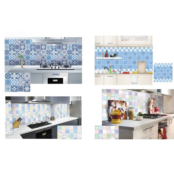 2 PCS Kitchen Anti-Smoke Tile Wall Stickers Stove Wallpaper(Blue Ans White Porcelain)