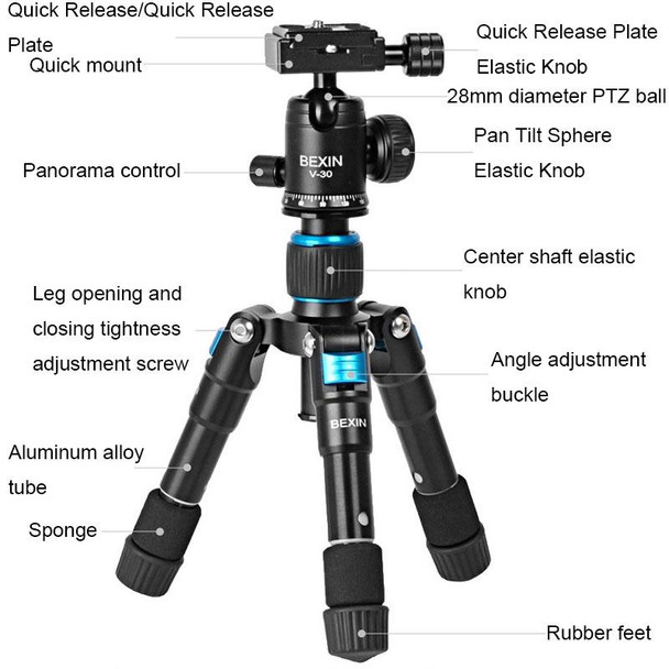 BEXIN V30 Adjustable Aluminum Alloy Desktop Camera Tripod Mini Portable Folding Live Tripod(MS08-S)