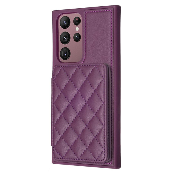 For Samsung Galaxy S22 Ultra 5G BF25 Square Plaid Card Bag Holder Phone Case(Dark Purple)