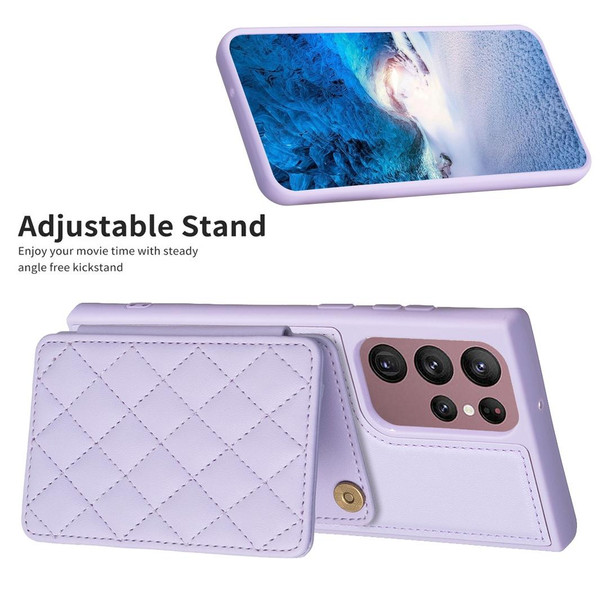 For Samsung Galaxy S22 Ultra 5G BF25 Square Plaid Card Bag Holder Phone Case(Purple)