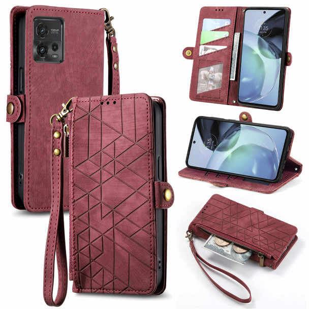 For Motorola Moto G62 Geometric Zipper Wallet Side Buckle Leatherette Phone Case(Red)