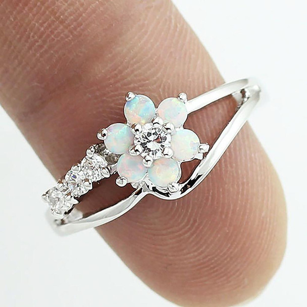 925 Silver Women Opal Flower Ring Jewelry, Ring Size:8(White)