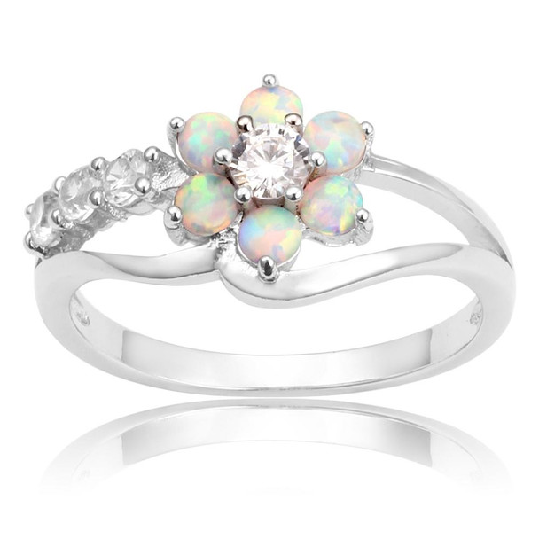 925 Silver Women Opal Flower Ring Jewelry, Ring Size:8(White)