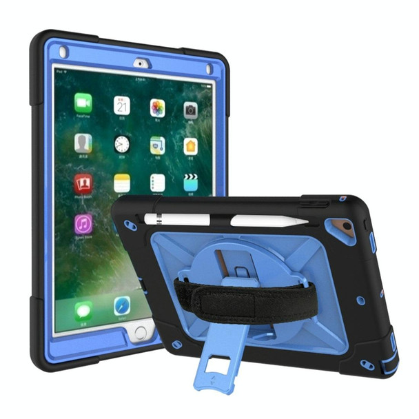 For iPad 9.7 Contrast Color Silicone + PC Combination Case with Holder(Black + Blue)