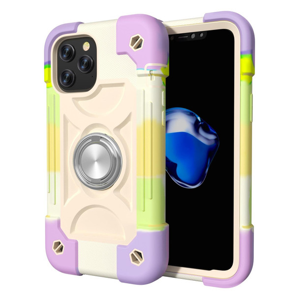 Shockproof Silicone + PC Protective Case with Dual-Ring Holder - iPhone 12 Pro Max(Colorful Beige)