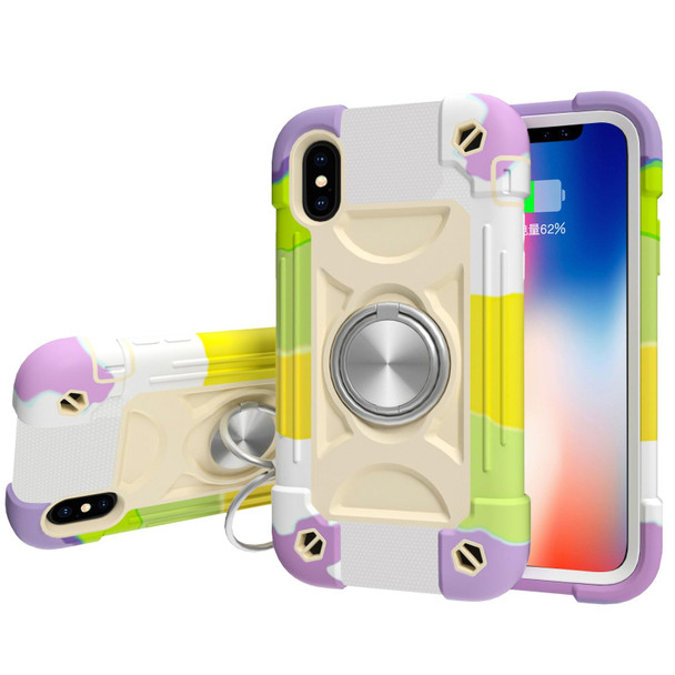 Shockproof Silicone + PC Protective Case with Dual-Ring Holder - iPhone XS Max(Colorful Beige)