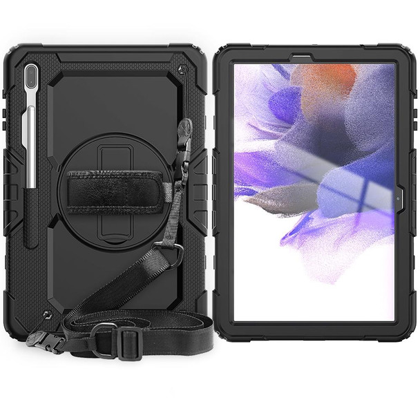 Samsung Galaxy Tab S7 FE 12.4 inch 2021 SM-T730 / SM-T736B Shockproof Colorful Silicone + PC Protective Case with Holder & Shoulder Strap & Hand Strap & Pen Slot(All Black)