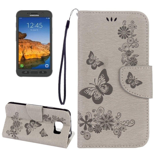 For Galaxy S7 Active Pressed Flowers Butterfly Pattern Horizontal Flip Leatherette Case with Holder & Card Slots & Wallet & Lanyard(Grey)