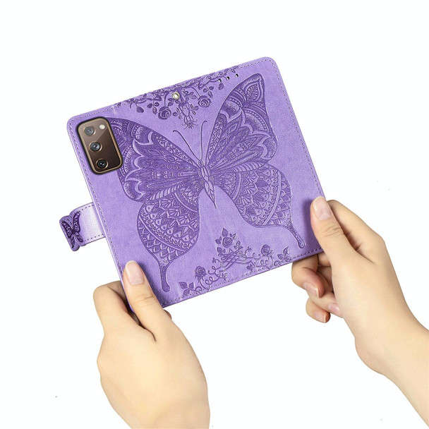 For Galaxy S20 FE / S20 Lite Butterfly Love Flower Embossed Horizontal Flip Leatherette Case with Bracket / Card Slot / Wallet / Lanyard(Light Purple)