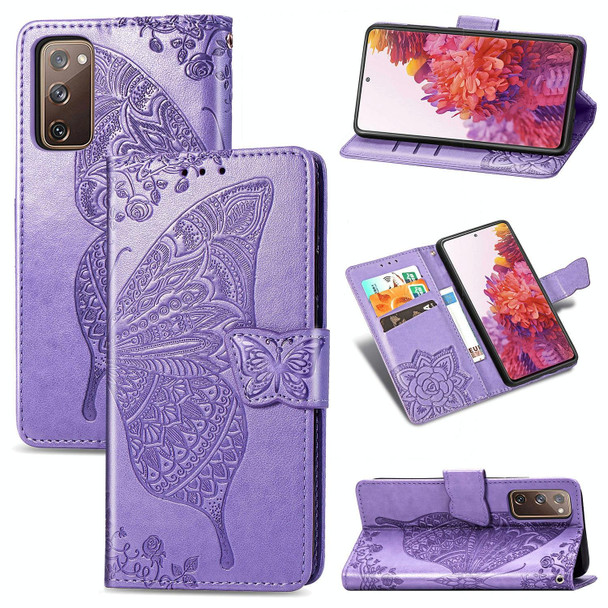 For Galaxy S20 FE / S20 Lite Butterfly Love Flower Embossed Horizontal Flip Leatherette Case with Bracket / Card Slot / Wallet / Lanyard(Light Purple)