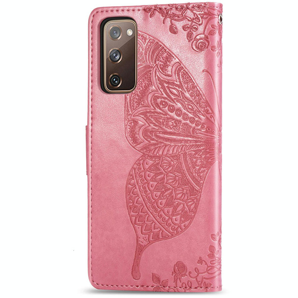 For Galaxy S20 FE / S20 Lite Butterfly Love Flower Embossed Horizontal Flip Leatherette Case with Bracket / Card Slot / Wallet / Lanyard(Pink)