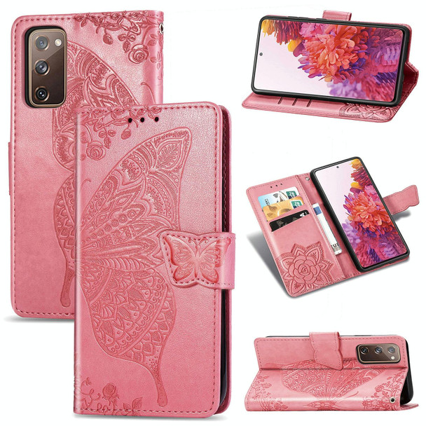 For Galaxy S20 FE / S20 Lite Butterfly Love Flower Embossed Horizontal Flip Leatherette Case with Bracket / Card Slot / Wallet / Lanyard(Pink)