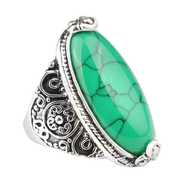 Fashion Vintage Oval Turquoise Flower Ring Women Antique Silver Jewelry, Ring Size:8(Green)