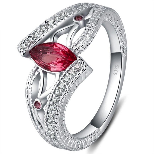 925 Sterling Silver Finger Rings Women Vintage Engagment Zircon Jewelry, Ring Size:7(Red)