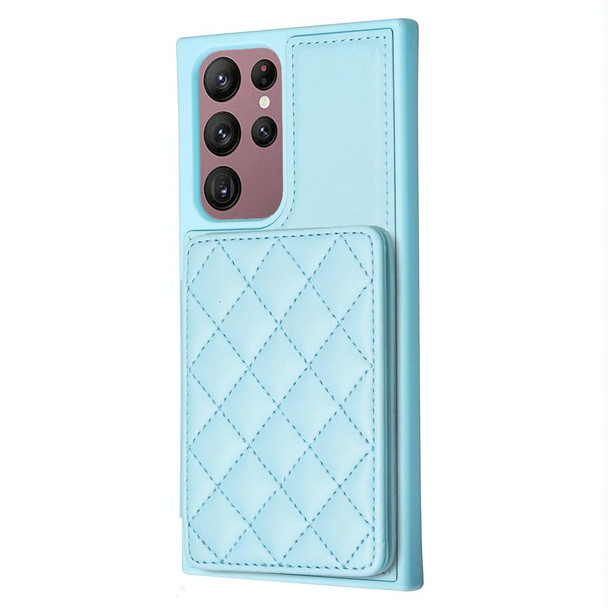 For Samsung Galaxy S22 Ultra 5G BF25 Square Plaid Card Bag Holder Phone Case(Blue)