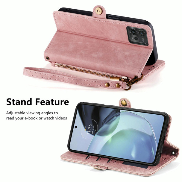 For Motorola Moto G62 Geometric Zipper Wallet Side Buckle Leatherette Phone Case(Pink)