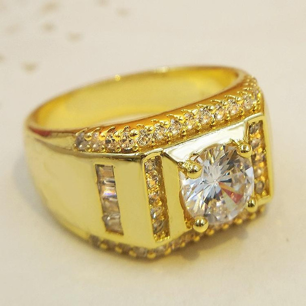 Fashion New Style Gold Plated + AAA Zircon Inlaid Rhinestone Men Diamond Ring, Size: 8, Diameter: 18.1mm, Perimeter: 57mm
